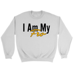 Front of a white crewneck sweatshirt on grey background.