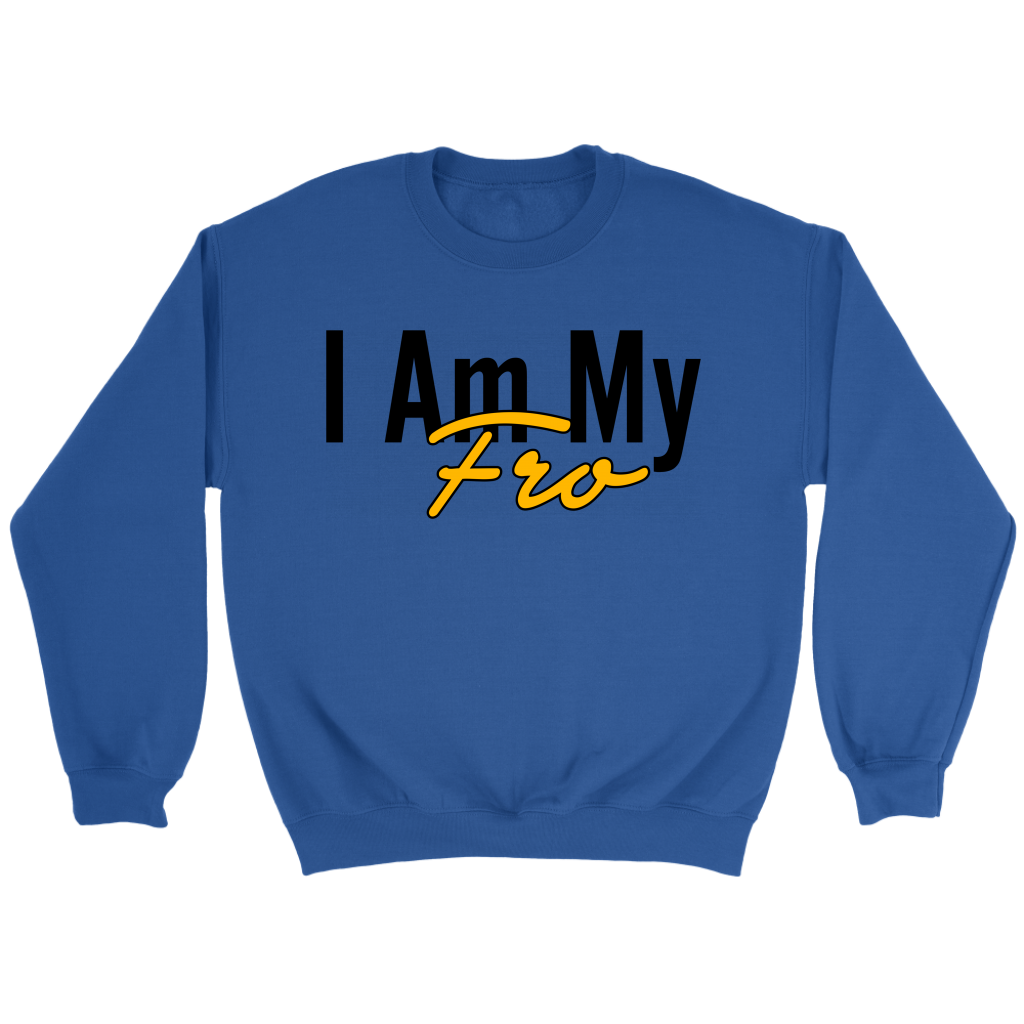 Front of a blue crewneck sweatshirt on grey background.