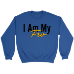 Front of a blue crewneck sweatshirt on grey background.