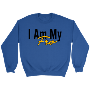 Front of a blue crewneck sweatshirt on grey background.