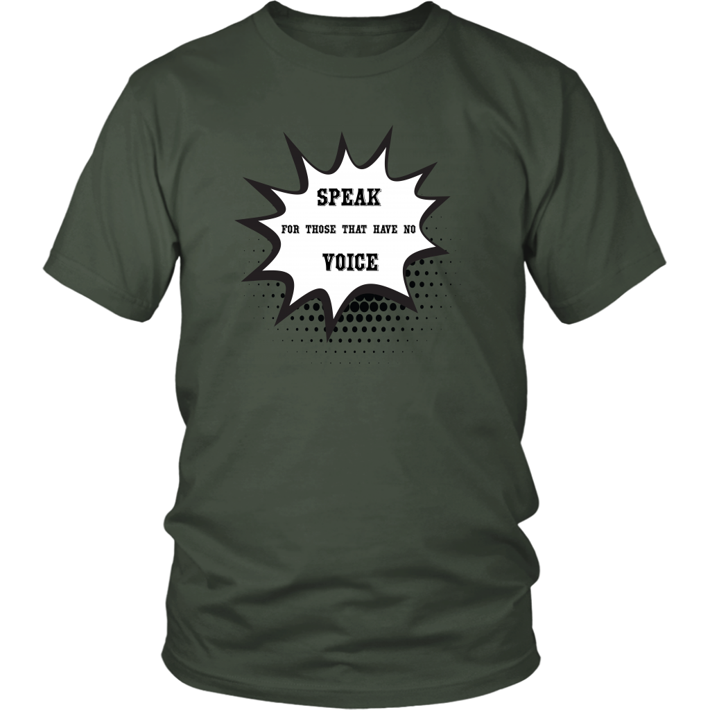 Olive green t-shirt with white writing on grey background.