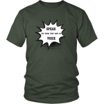 Olive green t-shirt with white writing on grey background.