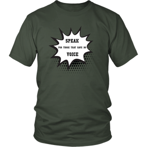 Olive green t-shirt with white writing on grey background.