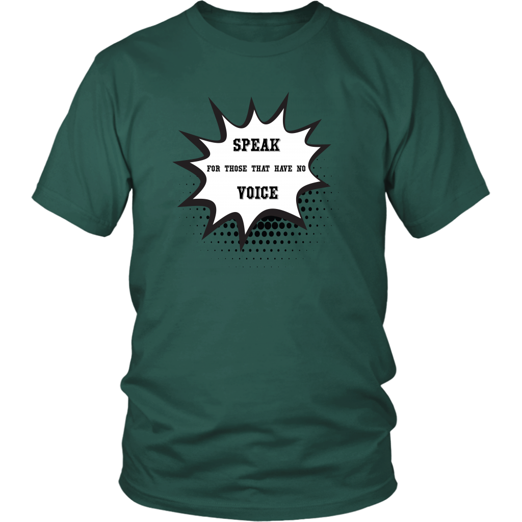 Dark green t-shirt with white writing on grey background.