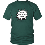 Dark green t-shirt with white writing on grey background.