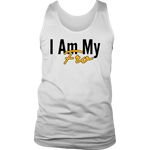 White men's tank-top on a grey background.