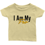 Light yellow, infant-sized t-shirt on grey background.