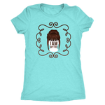 Teal women's t-shirt on grey background.