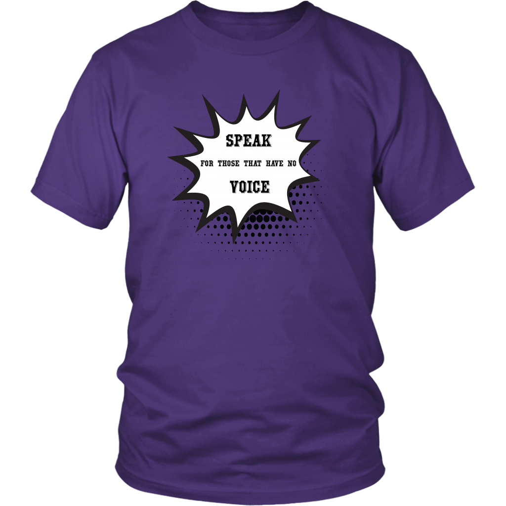 Purple t-shirt with white writing on grey background.