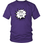 Purple t-shirt with white writing on grey background.