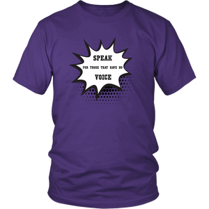 Purple t-shirt with white writing on grey background.