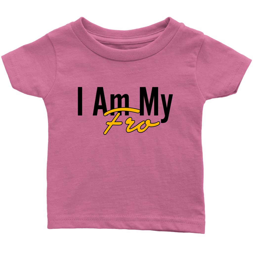 Pink infant-sized t-shirt on grey background.