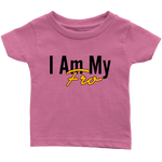 Pink infant-sized t-shirt on grey background.